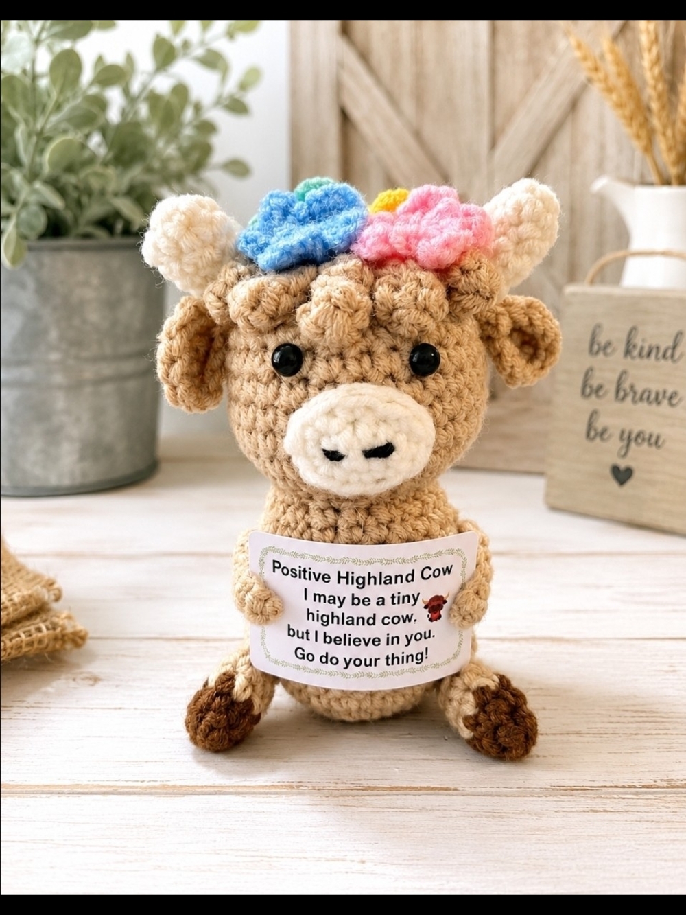 Handmade Tan Highland Cow Plush with Pink & Blue Flowers